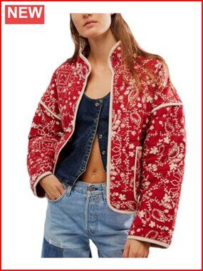 Women's Cropped Quilted Puffer Jacket Floral Reversible Coat